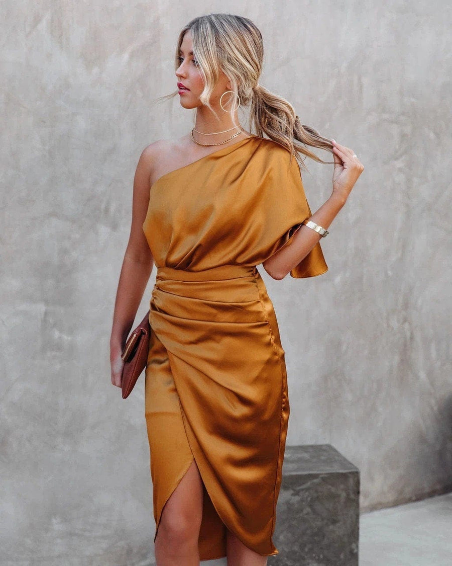Wilhelmina | Elegantes One-Shoulder Satin-Kleid mit Drapierung