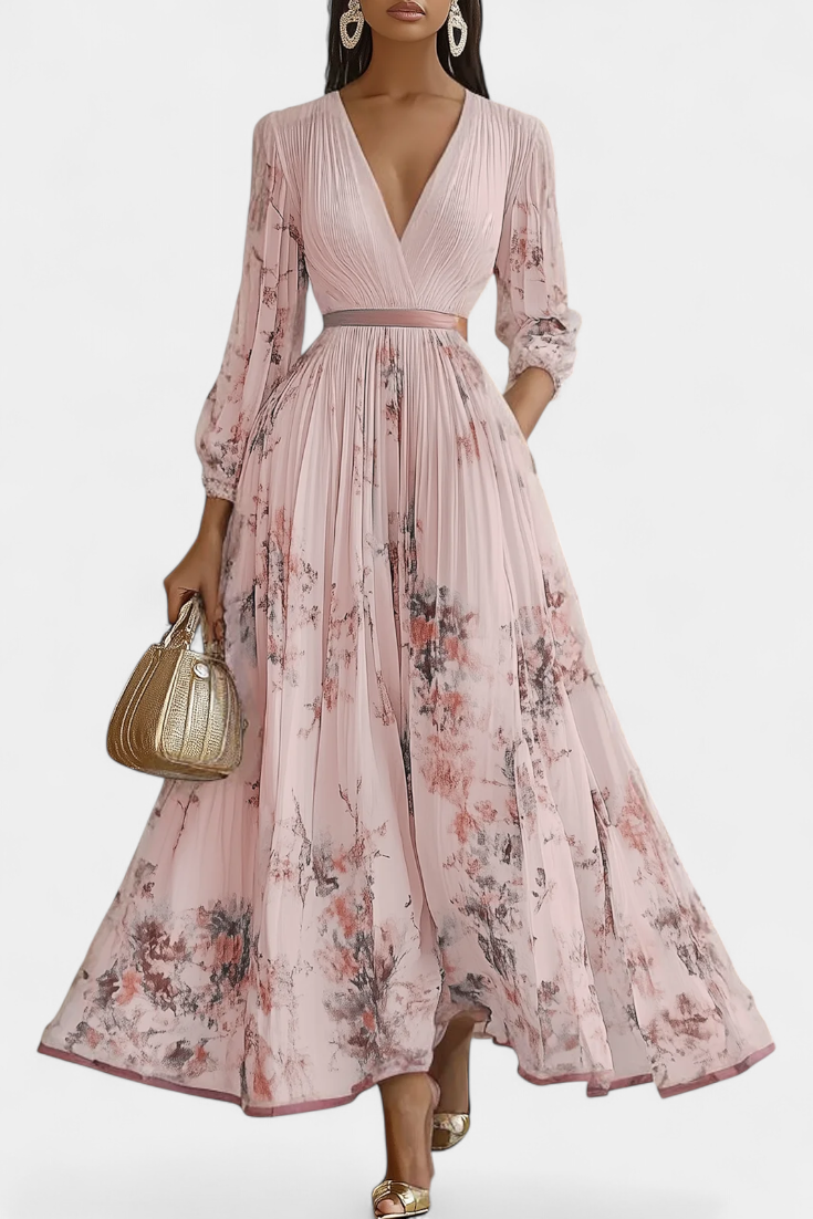 Phaedra Langes Plissiertes Chiffonkleid mit Puffärmeln