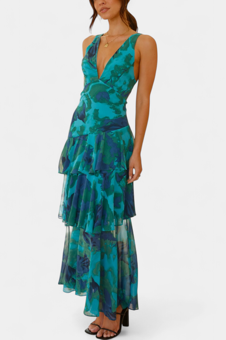 Domenica V-Ausschnitt Chiffonkleid mit eleganten, fließenden Lagen