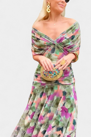 Elfriede | Damen Off-Shoulder Gerafftes Maxi Kleid