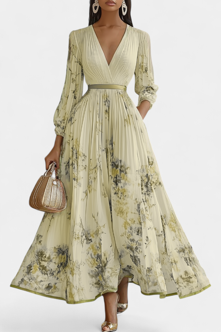 Phaedra Langes Plissiertes Chiffonkleid mit Puffärmeln