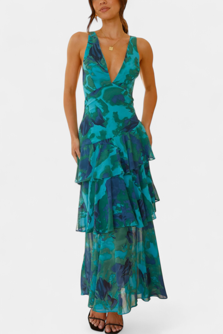 Domenica V-Ausschnitt Chiffonkleid mit eleganten, fließenden Lagen