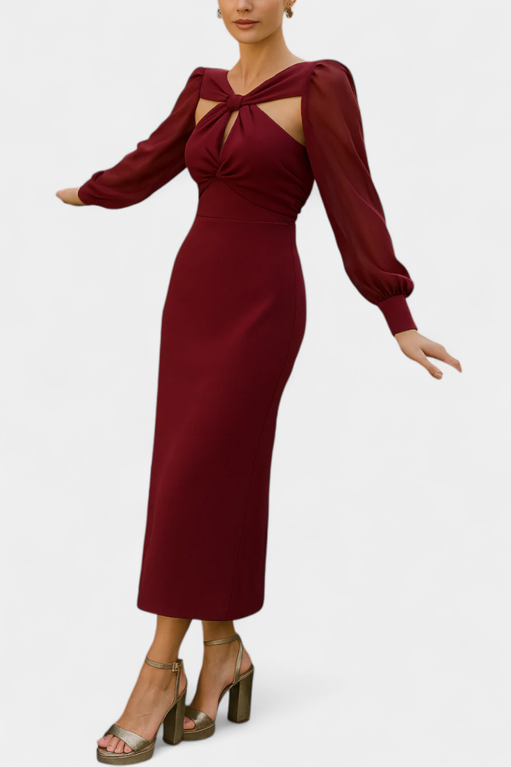Julissa Midi-Kleid in Burgunderrot mit gebundenem Detail und offenem Rücken