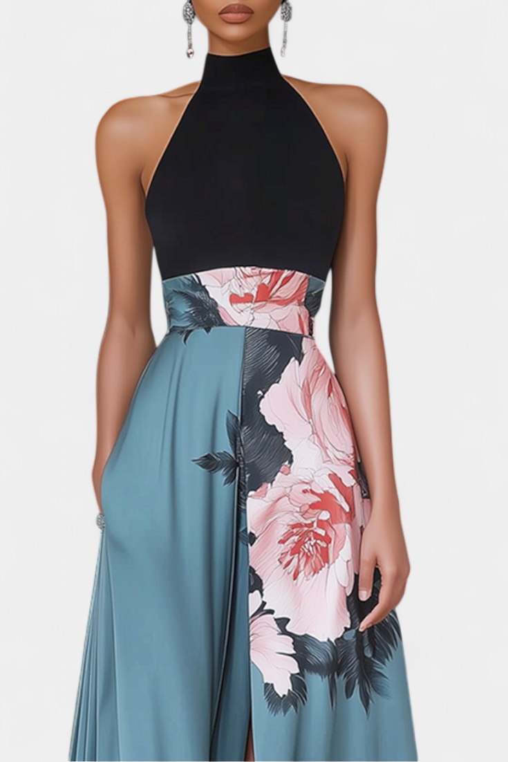 Radmila A-Linienkleid mit schwarzem Oberteil und blumigem Rock in Kontrastfarben