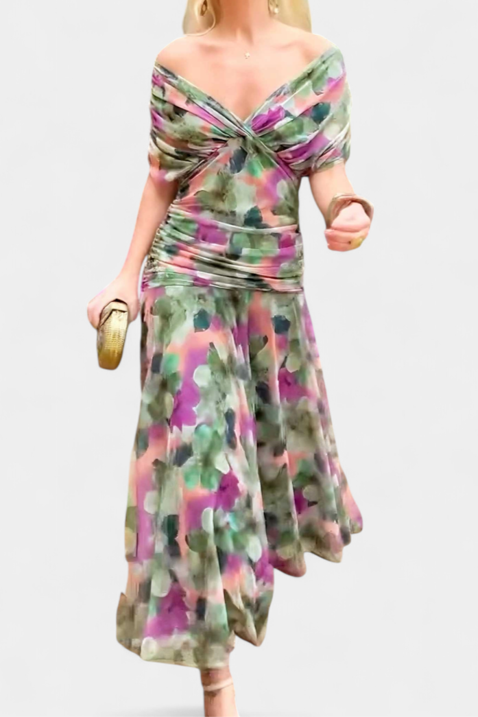 Elfriede | Damen Off-Shoulder Gerafftes Maxi Kleid