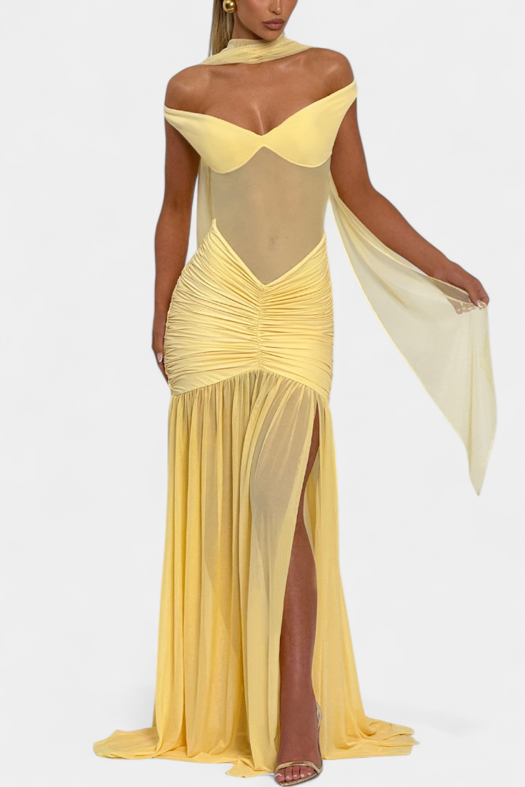 Therese Lange Milchseidenkleid mit tiefem V-Ausschnitt und eleganter Raffung