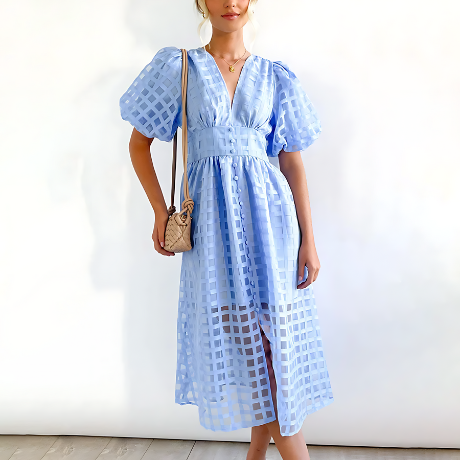 Midi-Kleid mit Karomuster – Luftiges Sommerkleid mit V-Ausschnitt & Puffärmeln