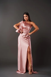 Damen Satin Abendkleid One-Shoulder mit Schlitz – Elegantes Kleid für Party & Anlass