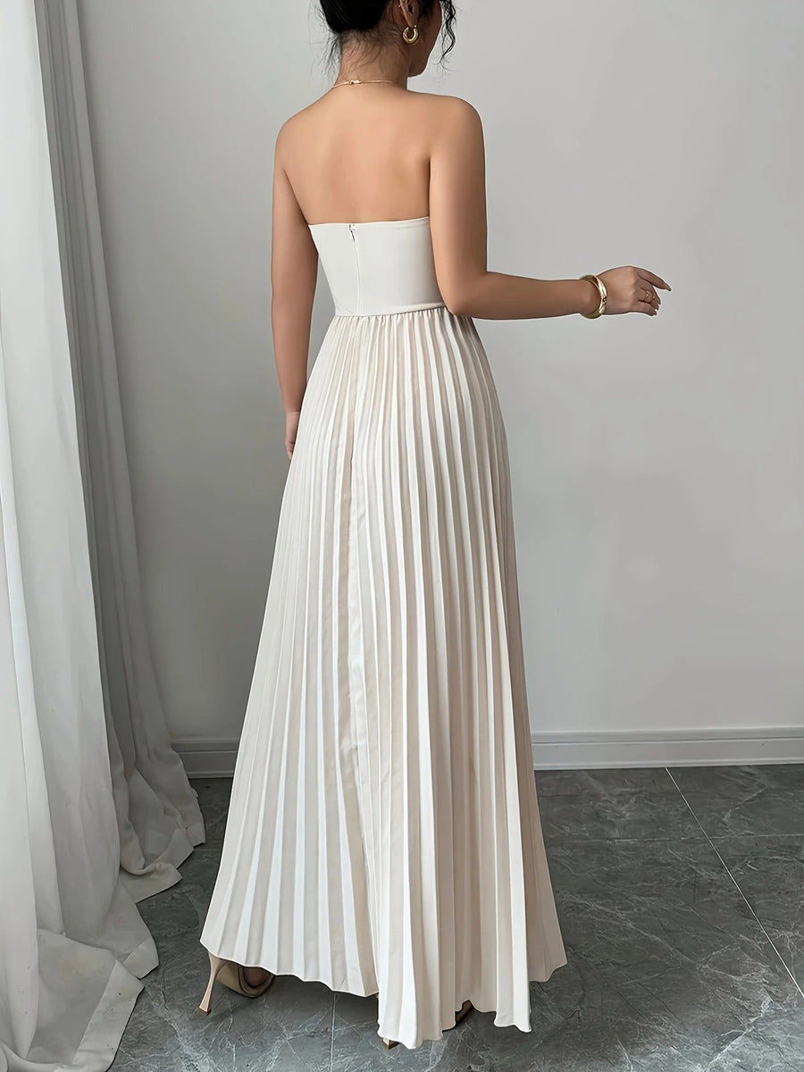 Bérénice | Trägerloses Maxikleid mit Korsagen-Oberteil und Plissee-Rock