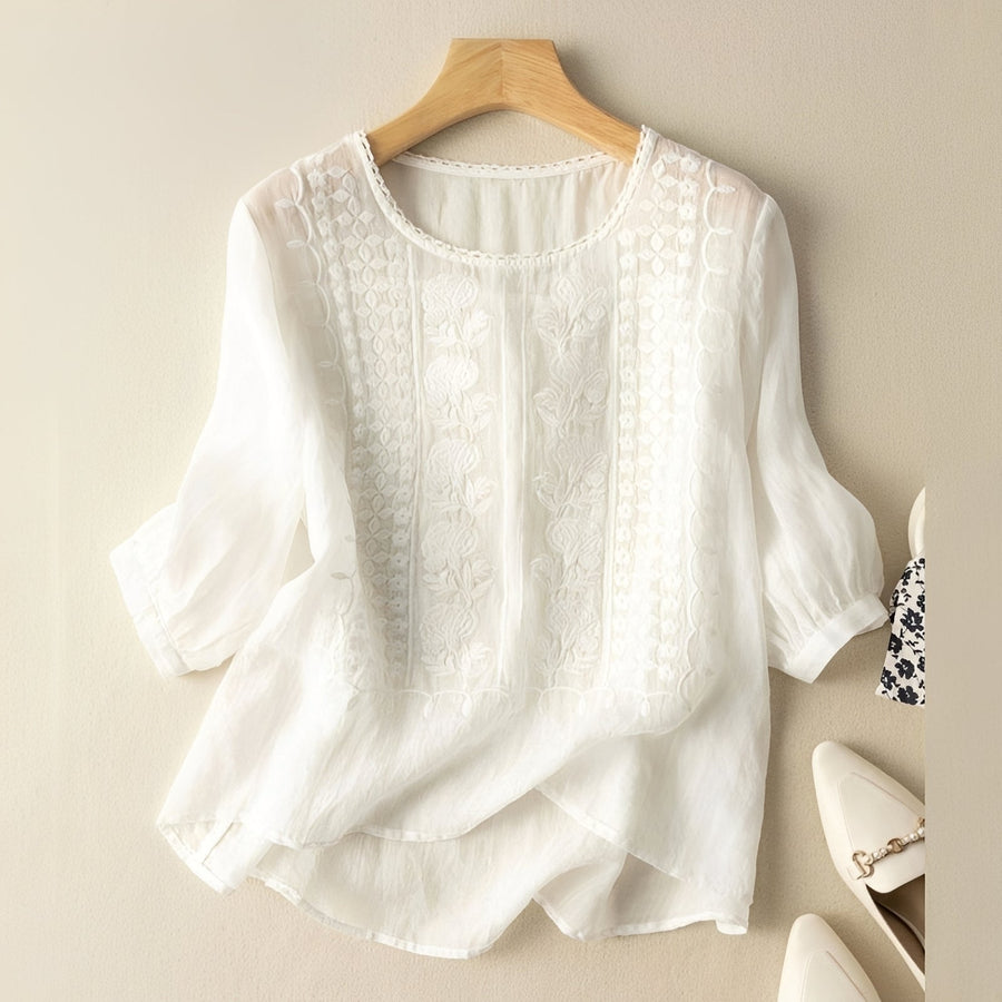 Gretchen - Stilvolle bestickte Bluse mit 3/4-Ärmeln für Damen