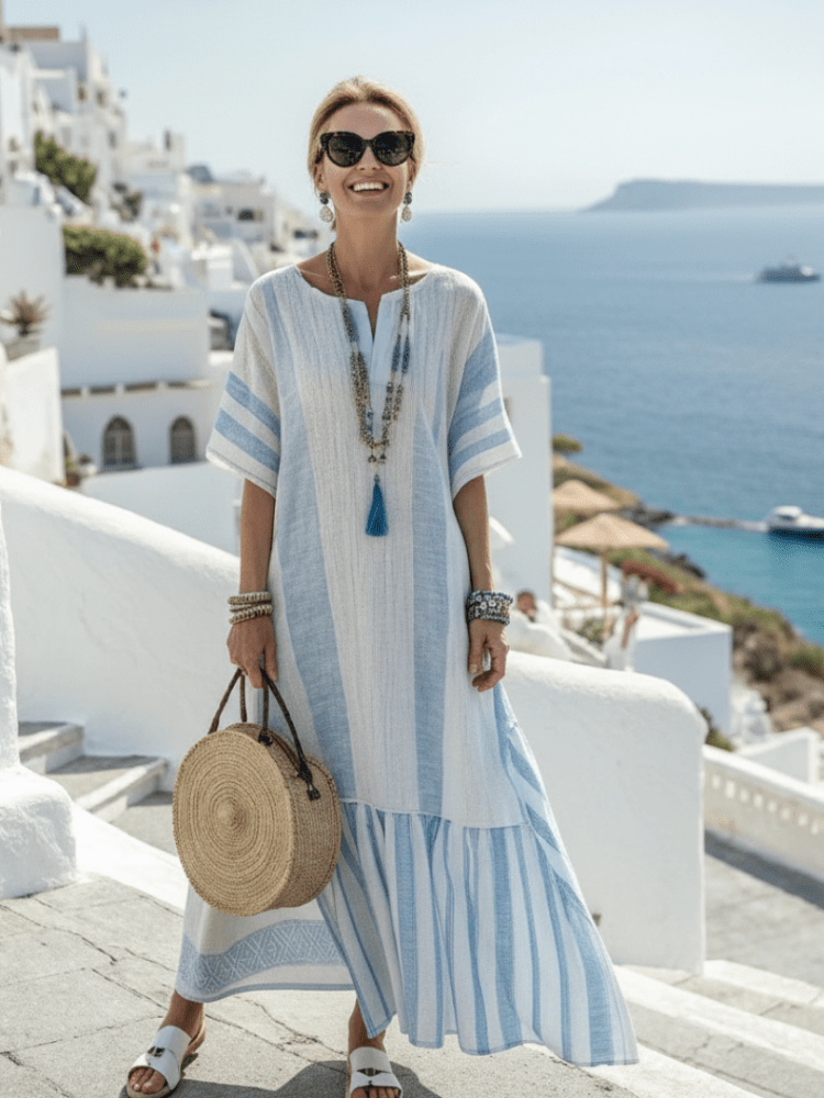 Ione | Damen Gestreiftes Maxikleid – Lockeres Streifen Sommerkleid Rundhals 2026