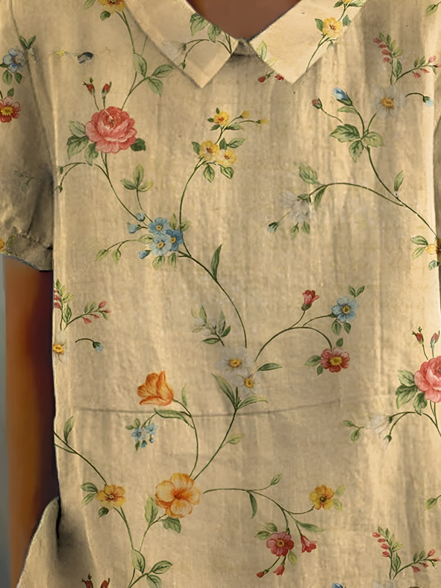 Brigitte | Damen Retro Blumen Baumwoll-Leinen Hemd