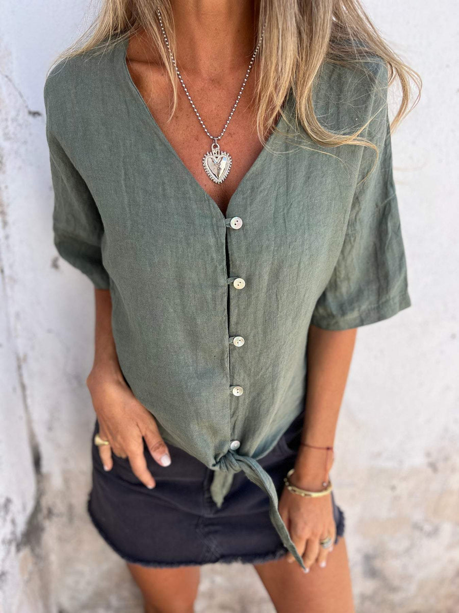 Chic Sommer V-Ausschnitt Baumwoll-Leinen Top für Damen
