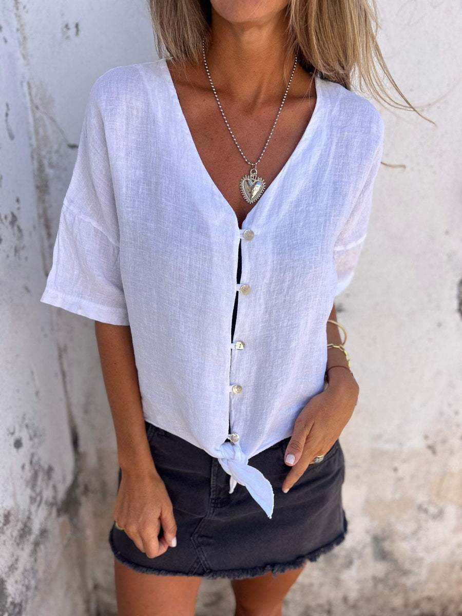 Chic Sommer V-Ausschnitt Baumwoll-Leinen Top für Damen