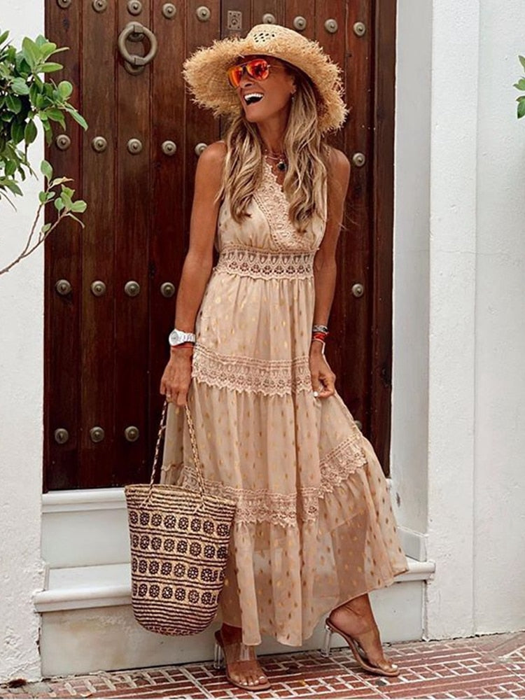 Damen Maxikleid aus Baumwolle mit Boho Chic Stil und V-Ausschnitt
