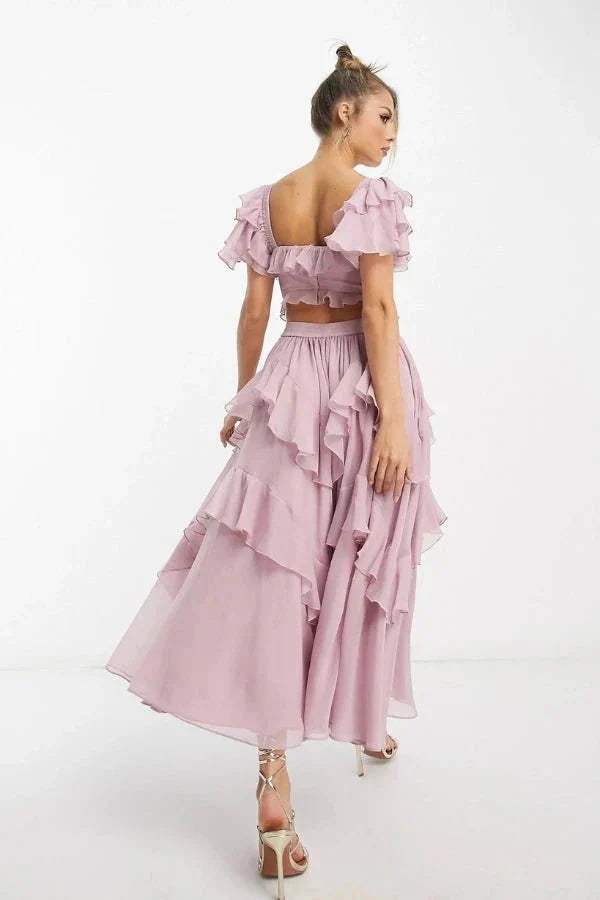 Zweiteiliges Midi-Kleid für Damen mit Rüschen und Korsett