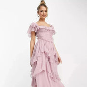Zweiteiliges Midi-Kleid für Damen mit Rüschen und Korsett