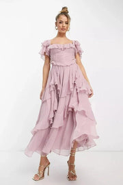 Zweiteiliges Midi-Kleid für Damen mit Rüschen und Korsett