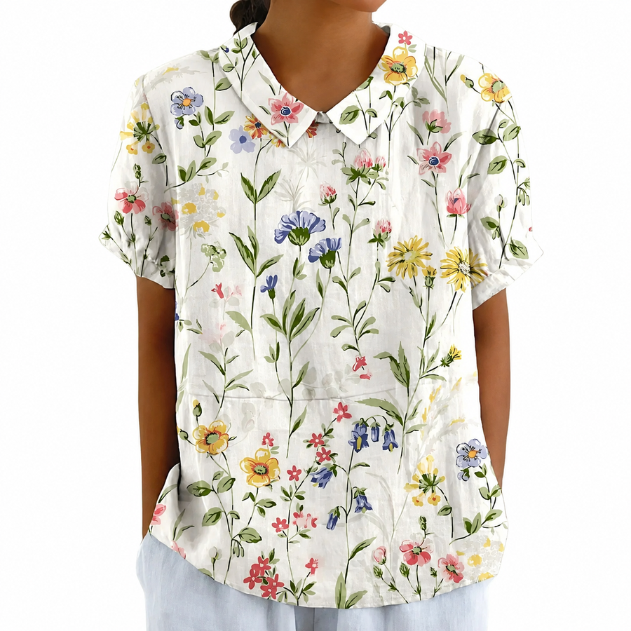 Kurzärmelige Damenbluse mit Blumenmuster und Bubikragen