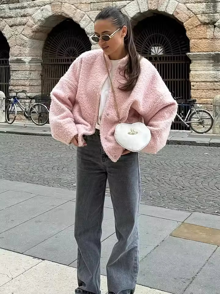 Kurze Teddyjacke Oversized Rosa