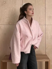 Kurze Teddyjacke Oversized Rosa