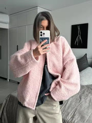 Kurze Teddyjacke Oversized Rosa