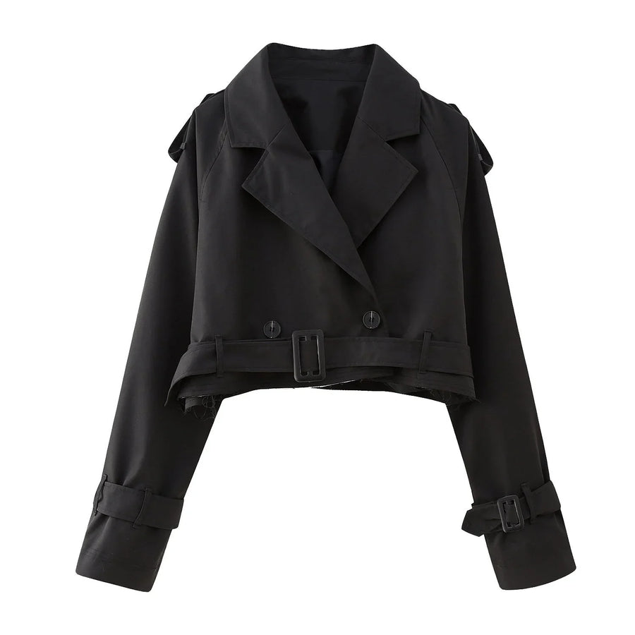 Kurzer Damen Trenchcoat mit Gürtel und verstellbaren Ärmeln