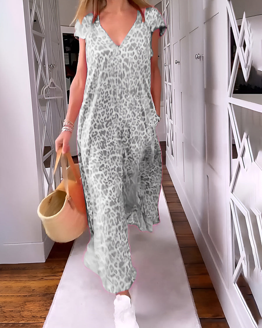 Véronique | Lange V-Ausschnitt Kleid mit Druck und kurzen Ärmeln