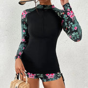 Langärmliger Rashguard-Badeanzug mit Frontreißverschluss und Blumenmuster für Damen