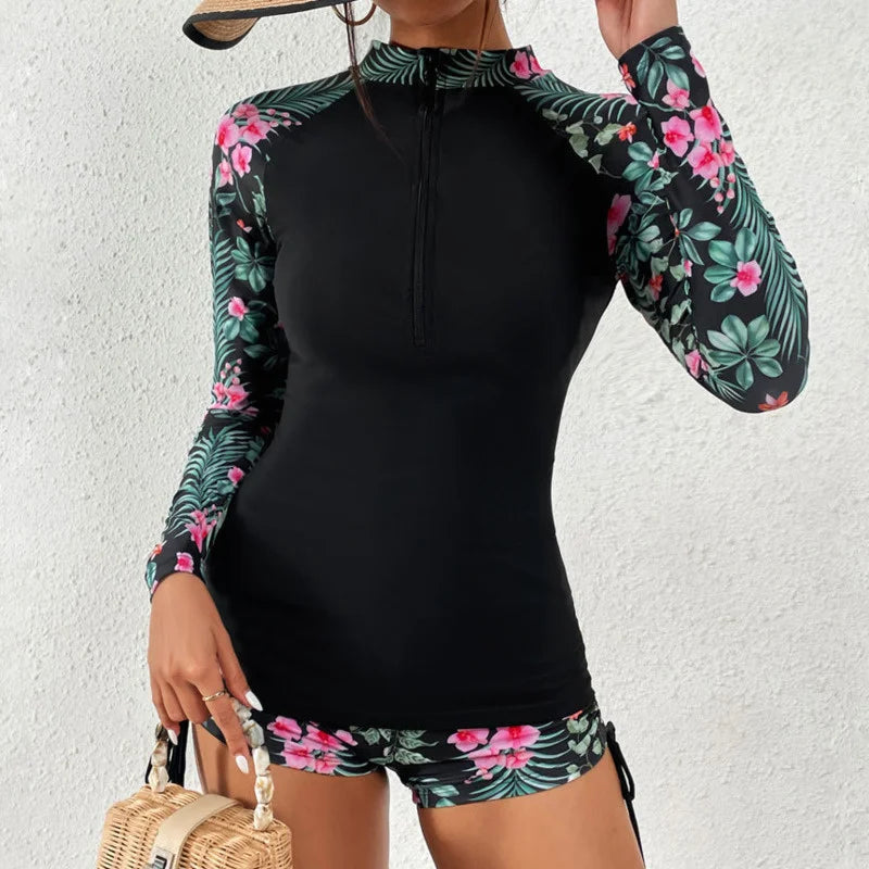 Langärmliger Rashguard-Badeanzug mit Frontreißverschluss und Blumenmuster für Damen
