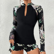 Langärmliger Rashguard-Badeanzug mit Frontreißverschluss und Blumenmuster für Damen