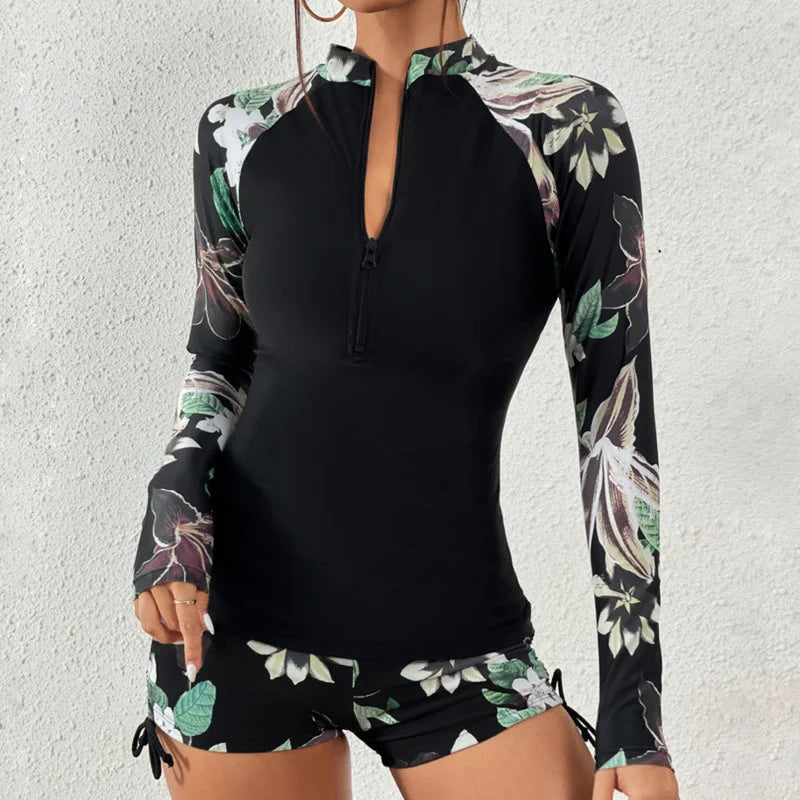 Langärmliger Rashguard-Badeanzug mit Frontreißverschluss und Blumenmuster für Damen
