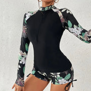 Langärmliger Rashguard-Badeanzug mit Frontreißverschluss und Blumenmuster für Damen