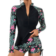 Langärmliger Rashguard-Badeanzug mit Frontreißverschluss und Blumenmuster für Damen