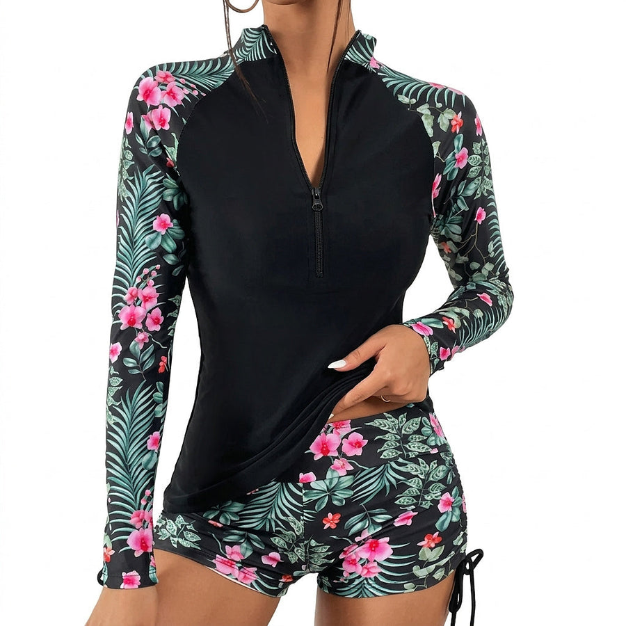 Langärmliger Rashguard-Badeanzug mit Frontreißverschluss und Blumenmuster für Damen