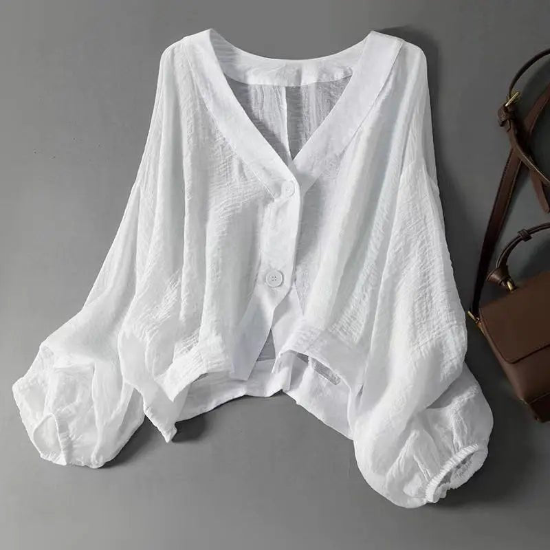 Greta | Leinen Bluse Langarm Oversized V-Ausschnitt Sommer