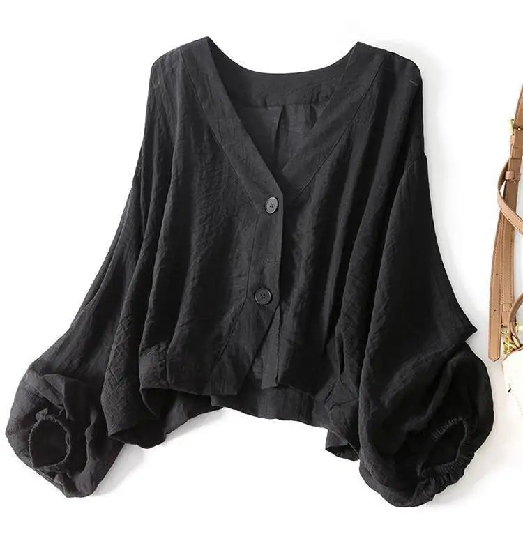 Greta | Leinen Bluse Langarm Oversized V-Ausschnitt Sommer