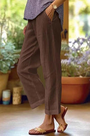 Leinen Verkürzte Damen-Hose mit geradem Bein und Umschlag