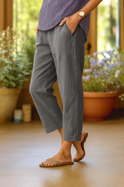 Leinen Verkürzte Damen-Hose mit geradem Bein und Umschlag