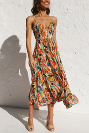 Damen Midikleid mit abstraktem Muster und Spaghettiträgern