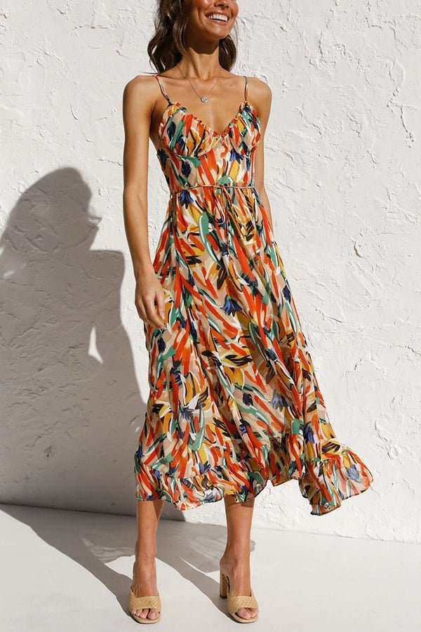 Damen Midikleid mit abstraktem Muster und Spaghettiträgern