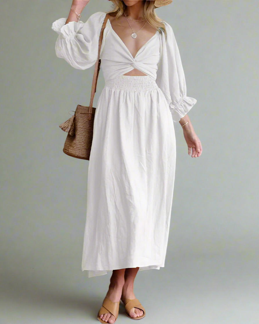 Damen Luftiges Sommerkleid mit dreiviertellangen Puffärmeln
