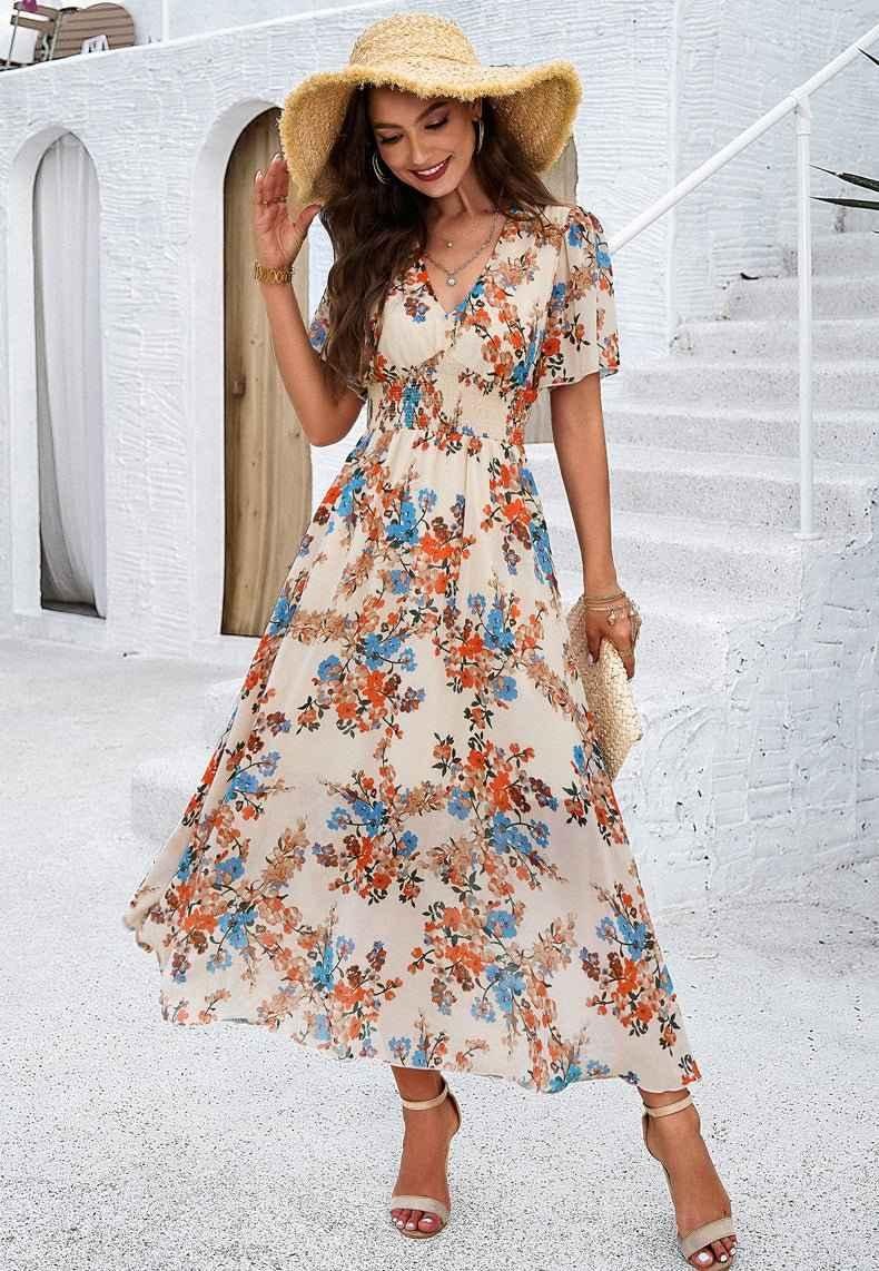 Liliana – Boho Maxikleid mit Blumenprint, V-Ausschnitt & Smoktaille