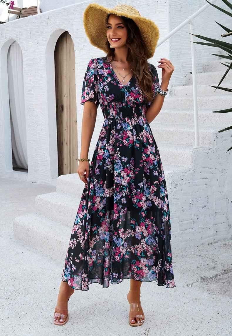 Liliana – Boho Maxikleid mit Blumenprint, V-Ausschnitt & Smoktaille