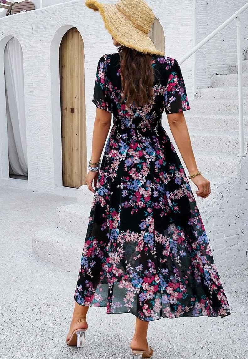Liliana – Boho Maxikleid mit Blumenprint, V-Ausschnitt & Smoktaille