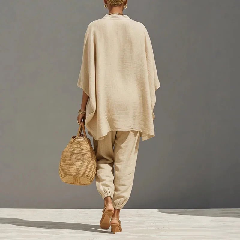 Marlene | Linen Set Damen Fledermaus Top Tapered Hose V-Ausschnitt