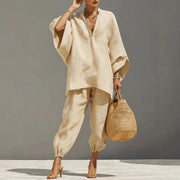 Marlene | Linen Set Damen Fledermaus Top Tapered Hose V-Ausschnitt
