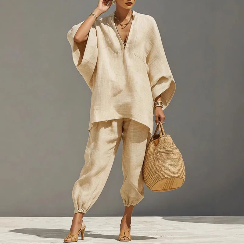 Marlene | Linen Set Damen Fledermaus Top Tapered Hose V-Ausschnitt