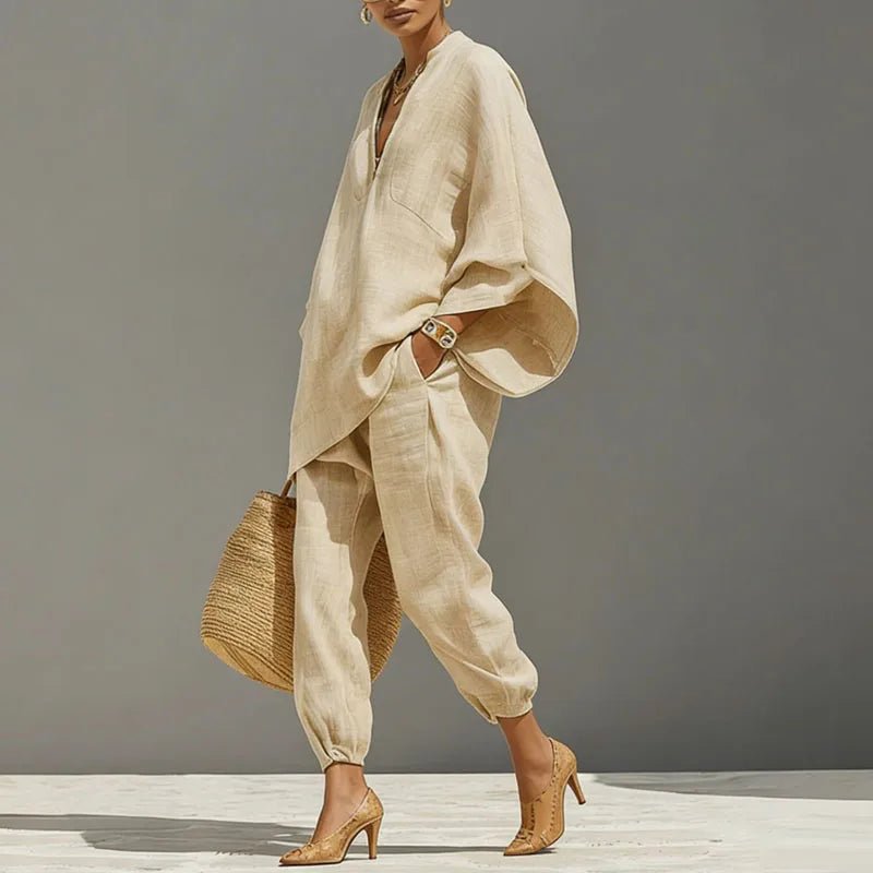Marlene | Linen Set Damen Fledermaus Top Tapered Hose V-Ausschnitt