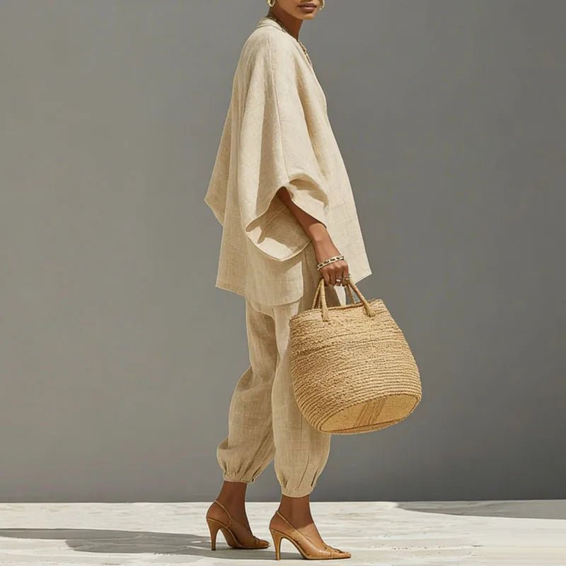 Marlene | Linen Set Damen Fledermaus Top Tapered Hose V-Ausschnitt